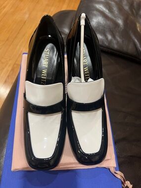 Stuart Weitzman Black and White Patent Leather Penny Loafers